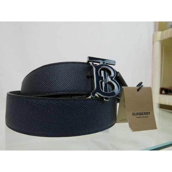 NWT BURBERRY TB 35 GRAIN NAVY BLUE LEATHER ENAMEL BUCKLE LOGO BELT 95 /38 ITALY - Picture 2 of 9